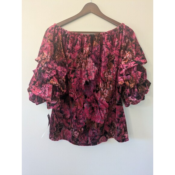 Coco Bianco Burnout Velvet Top Off Shoulder Gathered Sleeve Peasant Boho Medium - Picture 4 of 10